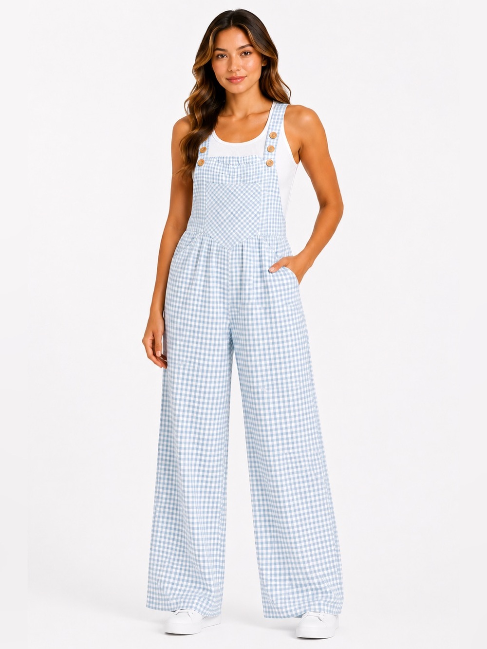 HALARA Light Blue Gingham Wide-Leg Jumpsuit